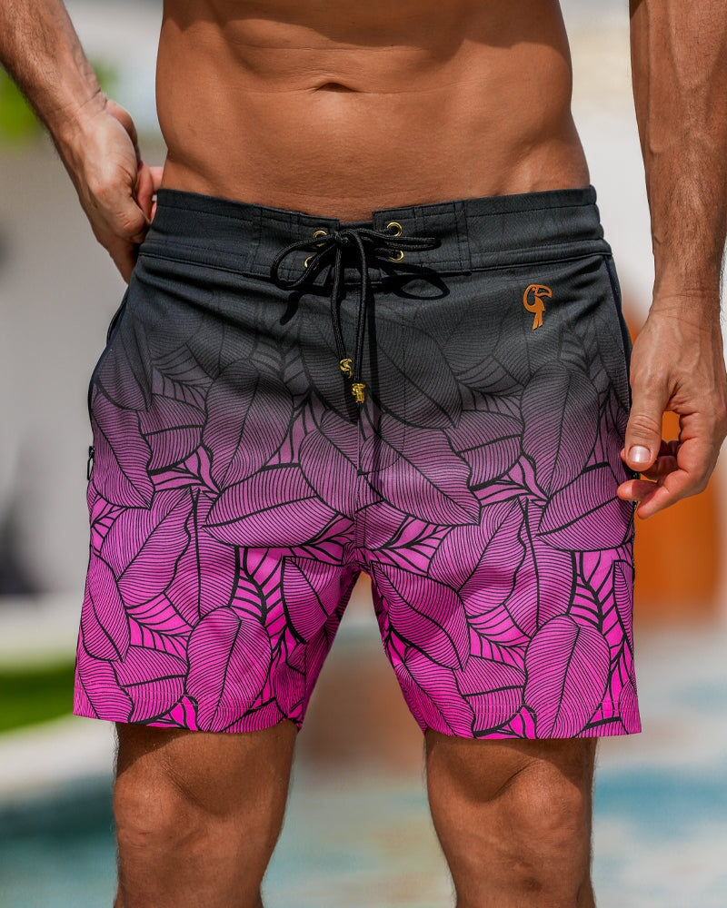 Black Leaf Magenta Swim Trunks - 5" Swim Trunks Tucann