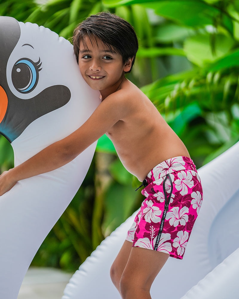 Kids Shorts-Hawaiian Red Kids Swim Shorts Tucann