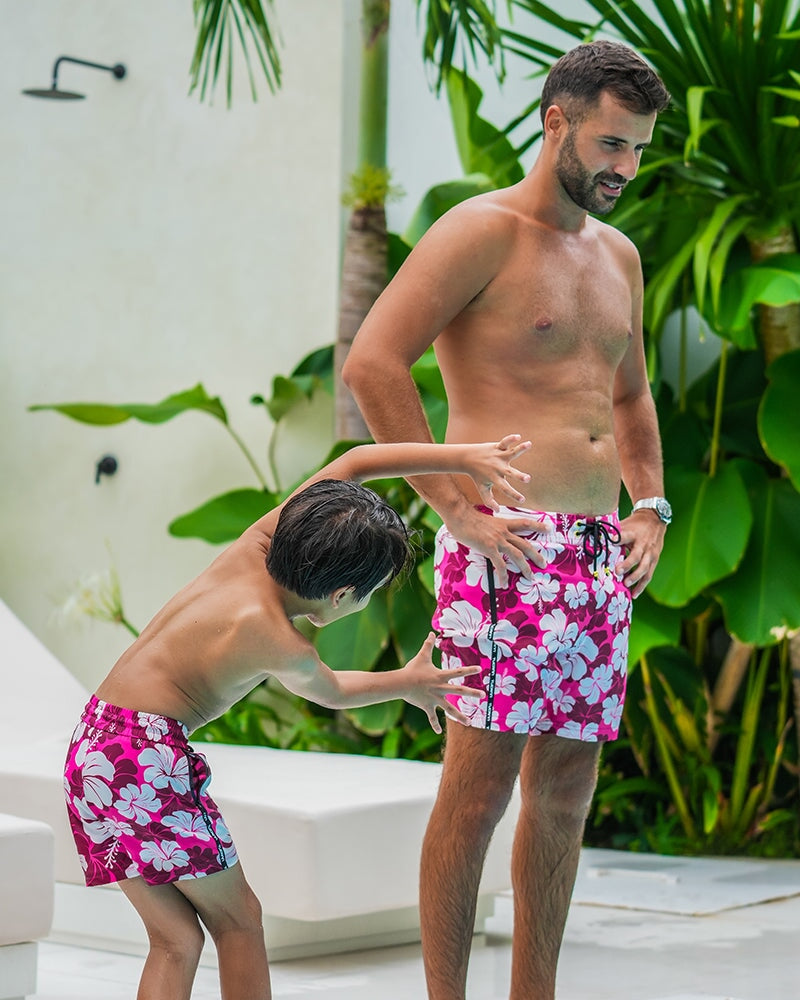 Kids Shorts-Hawaiian Red Kids Swim Shorts Tucann