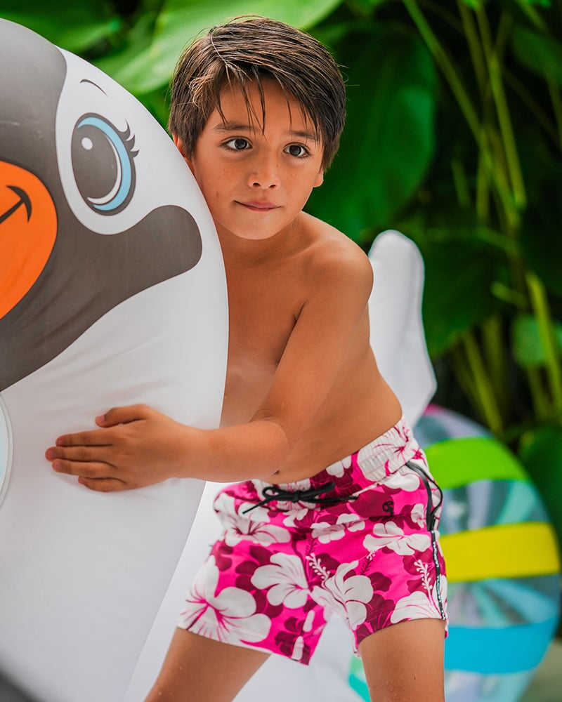 Kids Shorts-Hawaiian Red Kids Swim Shorts Tucann