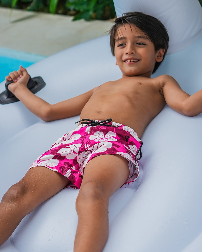 Kids Shorts-Hawaiian Red Kids Swim Shorts Tucann