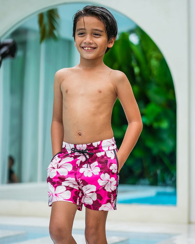 Kids Shorts-Hawaiian Red Kids Swim Shorts Tucann