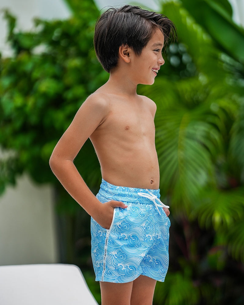 Kids Shorts-Make Waves Blue Kids Swim Shorts Tucann