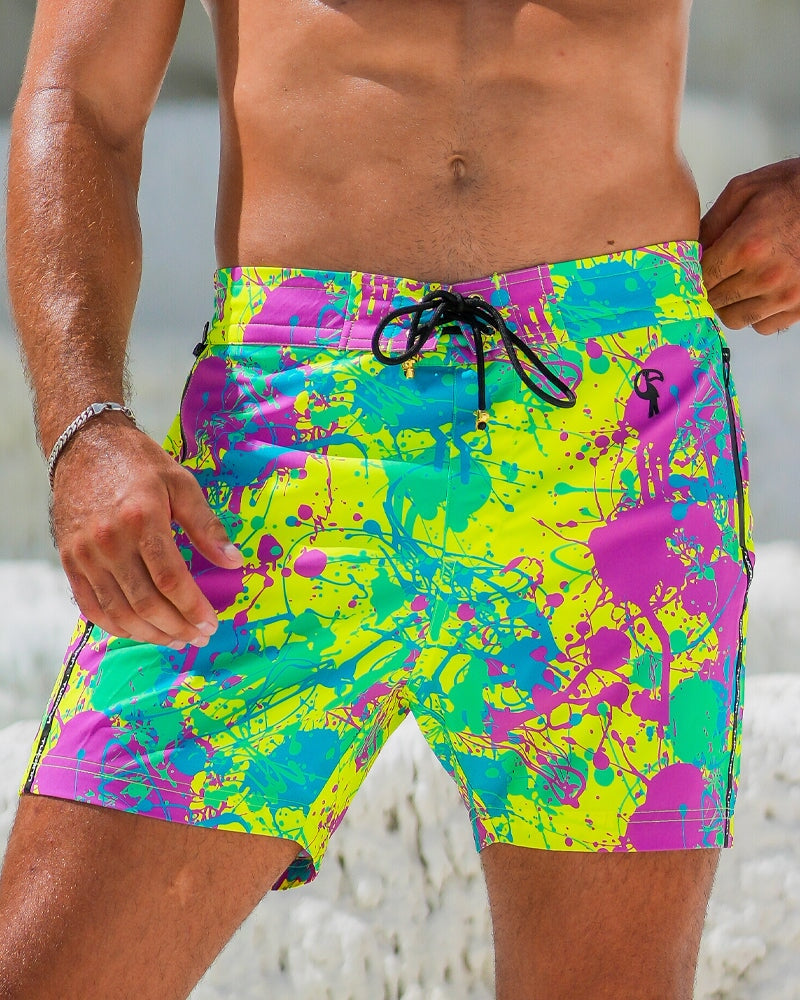 Neon Splatter Lime - 5" Swim Trunks Tucann