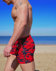 Mens red camo swim trunks
