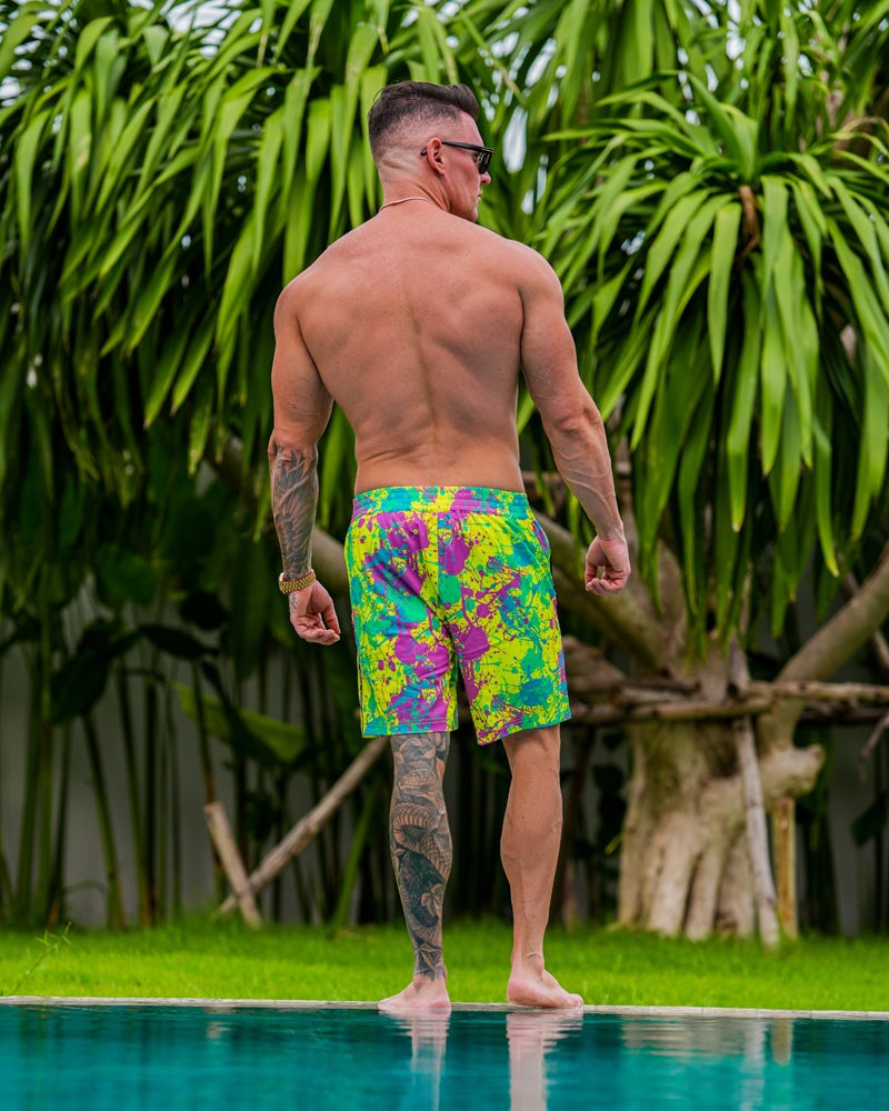 Wild Splatter Green - 7" Swim Trunks Tucann