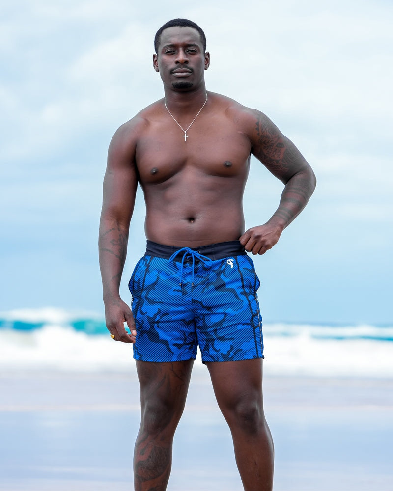Striped Camo Blue Swim Shorts - 5" Swim Trunks Tucann