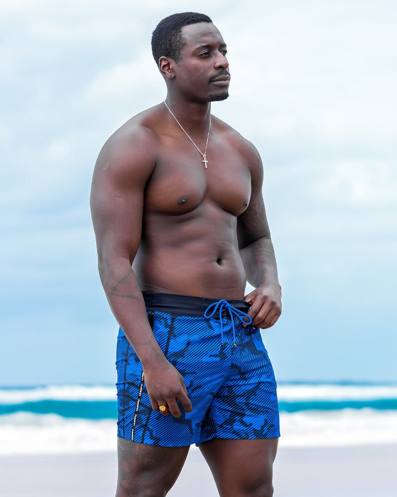 Striped Camo Blue Swim Shorts - 5" Swim Trunks Tucann