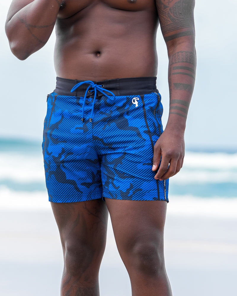 Striped Camo Blue Swim Shorts - 5" Swim Trunks Tucann
