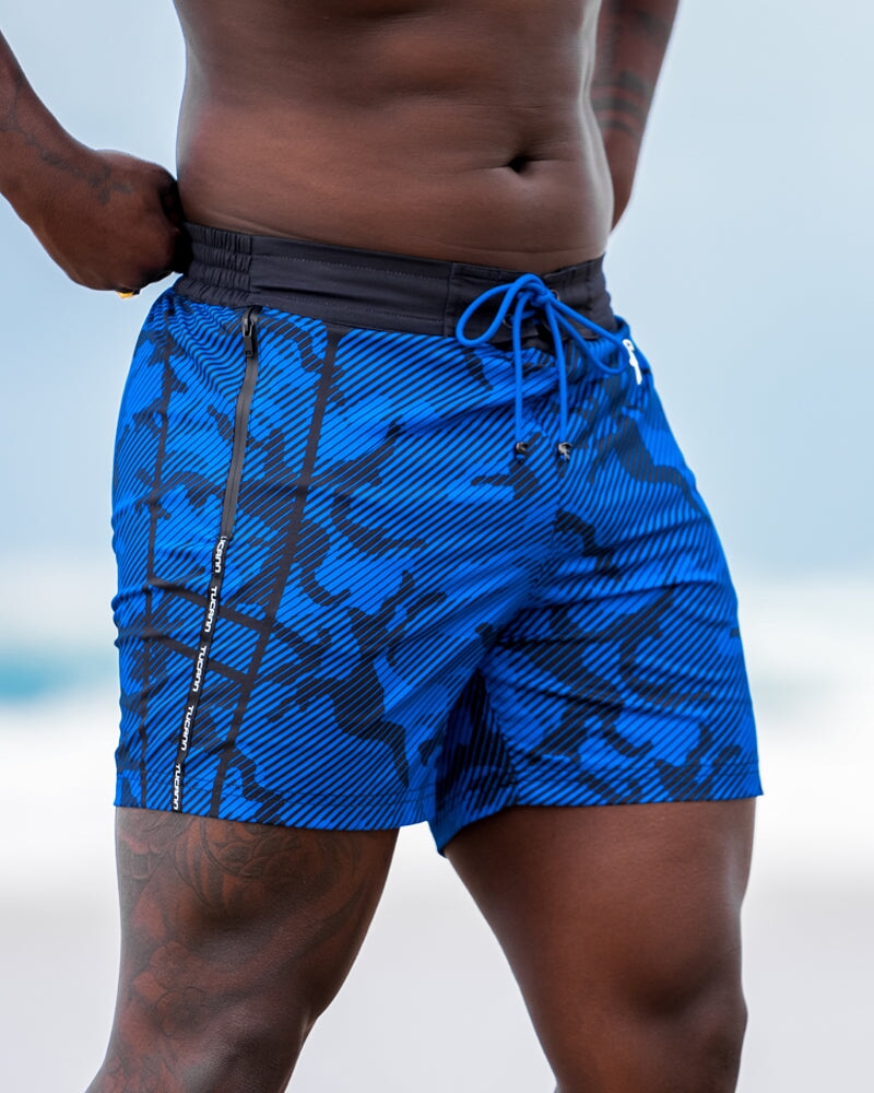 Striped Camo Blue Swim Shorts - 5" Swim Trunks Tucann