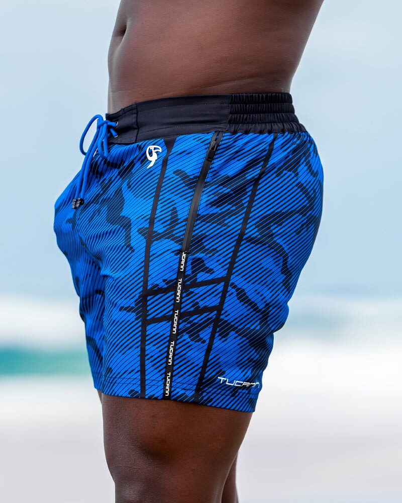 Striped Camo Blue Swim Shorts - 5" Swim Trunks Tucann