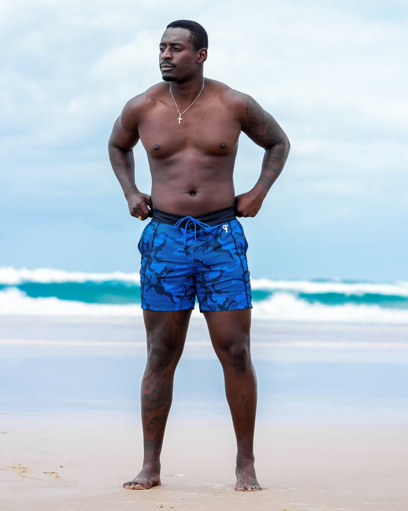 Striped Camo Blue Swim Shorts - 5" Swim Trunks Tucann