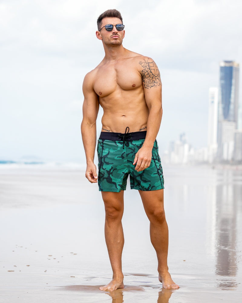 Striped Green Camo Swim Trunks - 5" Shorts / Board shorts Tucann