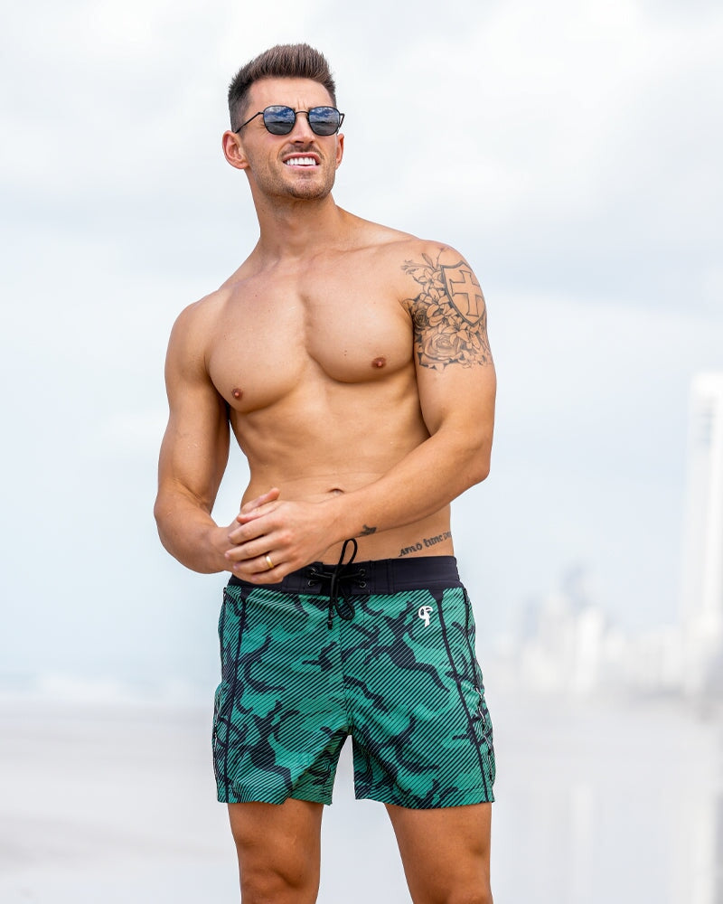 Striped Green Camo Swim Trunks - 5" Shorts / Board shorts Tucann