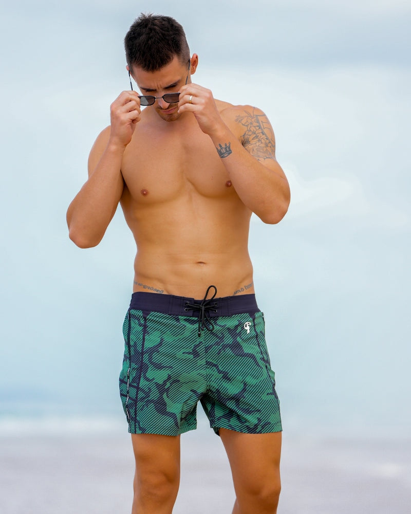 Striped Green Camo Swim Trunks - 5" Shorts / Board shorts Tucann