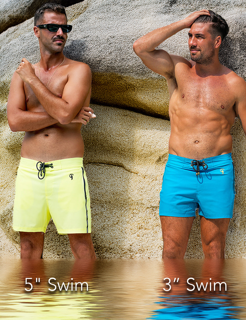 Two men standing; one in neon yellow swim trunks, the other in bright blue.