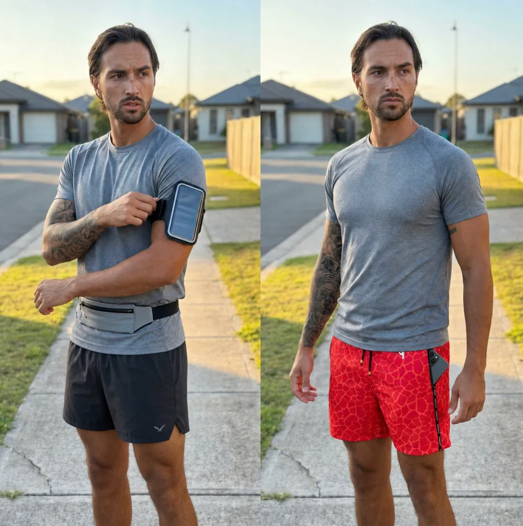 Runner with armband and belt beside the same runner with hands empty