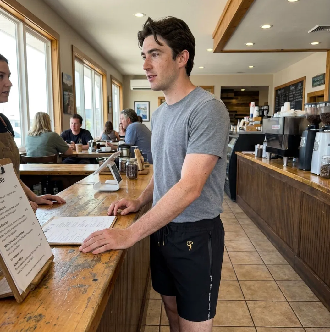 Man ordering coffee, indistinguishable from the other customers