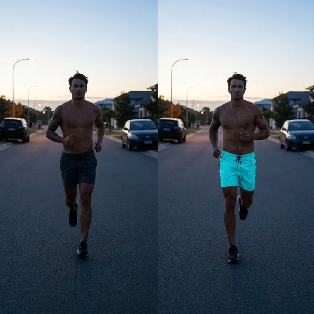 The same runner at dawn in dark shorts and in bright fluoro shorts, identical light
