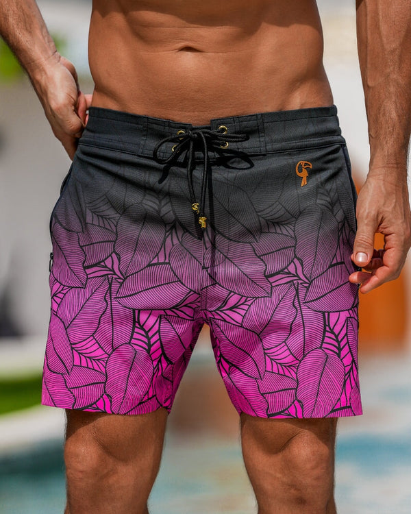 Black Leaf Magenta Swim Trunks - 5" Swim Trunks Tucann 