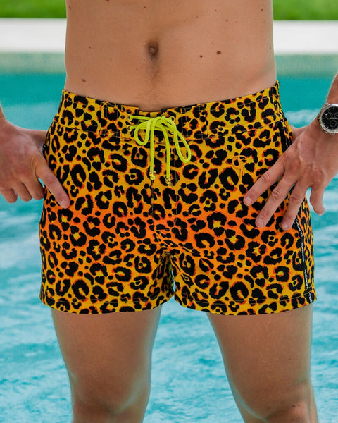Leopard Print Gold 3 Inch Swim Shorts | Tucann