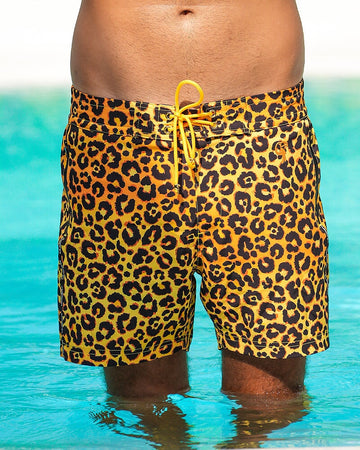 Leopard Print Gold Swim Shorts - 5" Swim Trunks Tucann 