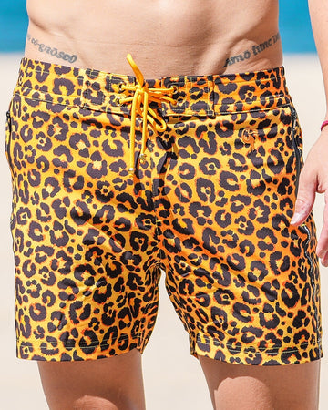 Leopard Print Gold Swim Shorts - 5" Swim Trunks Tucann 