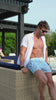 A man in light blue wave-patterned swim trunks and an open white shirt sits on a poolside ledge.