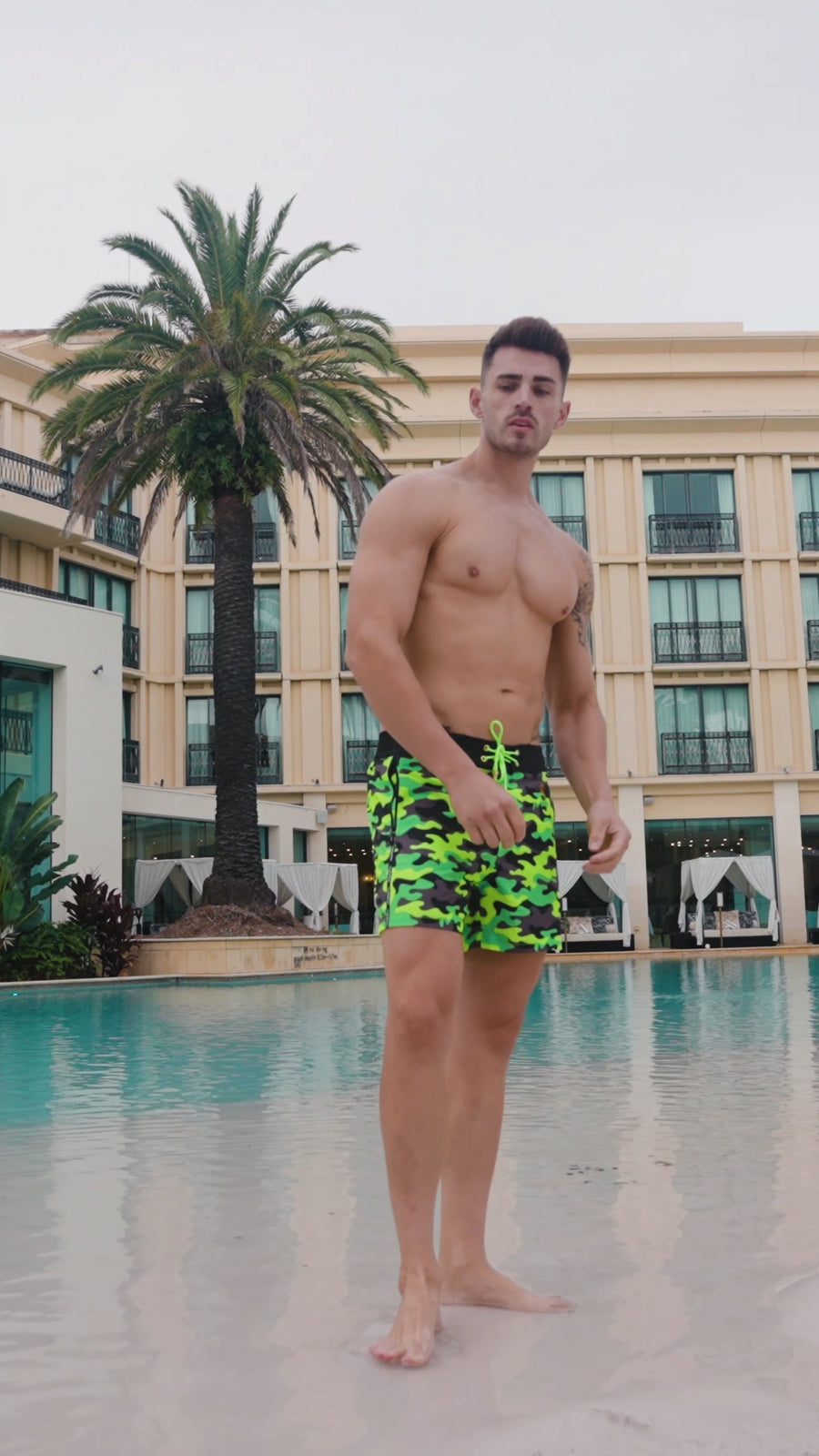 Fluro Green Camo Swim Trunks - 5"