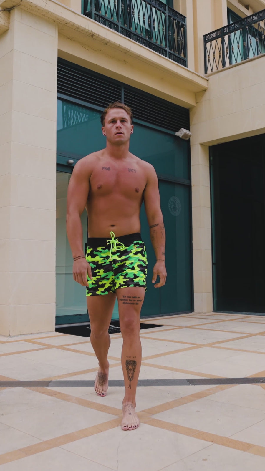 Fluro Green Camo Swim Trunks - 3"