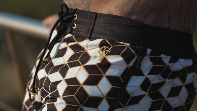Golden Tiles Sublimated Print Front Tie Swim Trunks