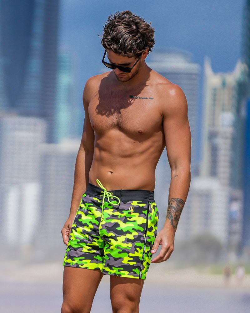 Fluro Green Camo Swim Trunks - 5" Swim Trunks Tucann 