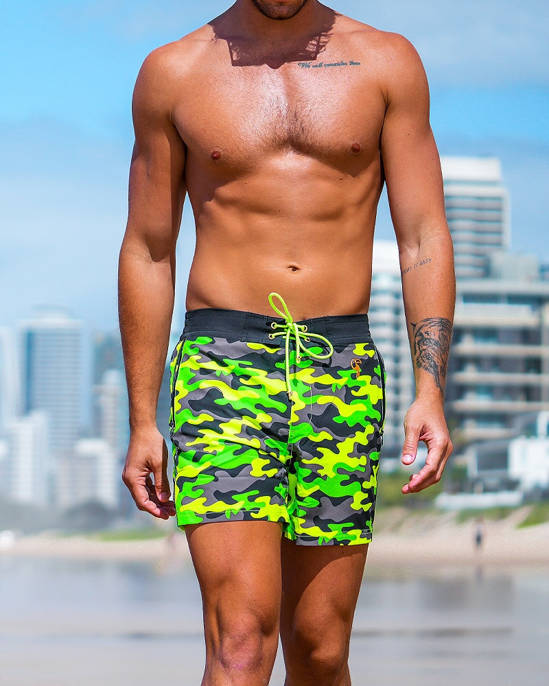 Fluro Green Camo Swim Trunks - 5" Swim Trunks Tucann 