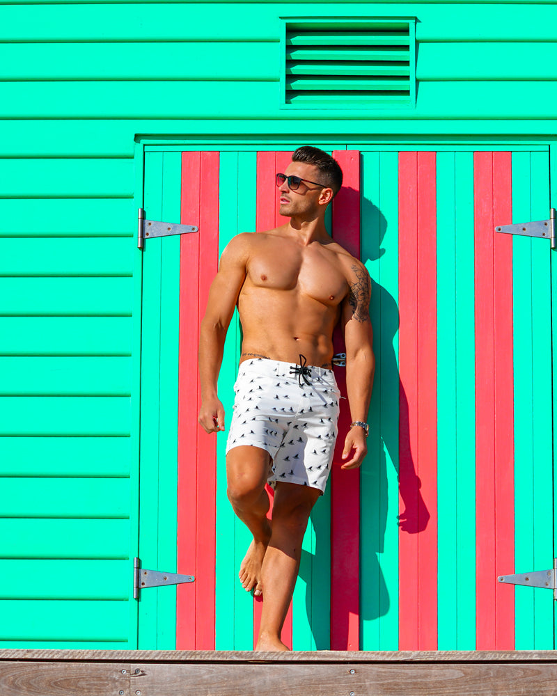 The Fins White Mid Length Men's - 7" Swim Trunks Shorts / Board shorts Tucann 
